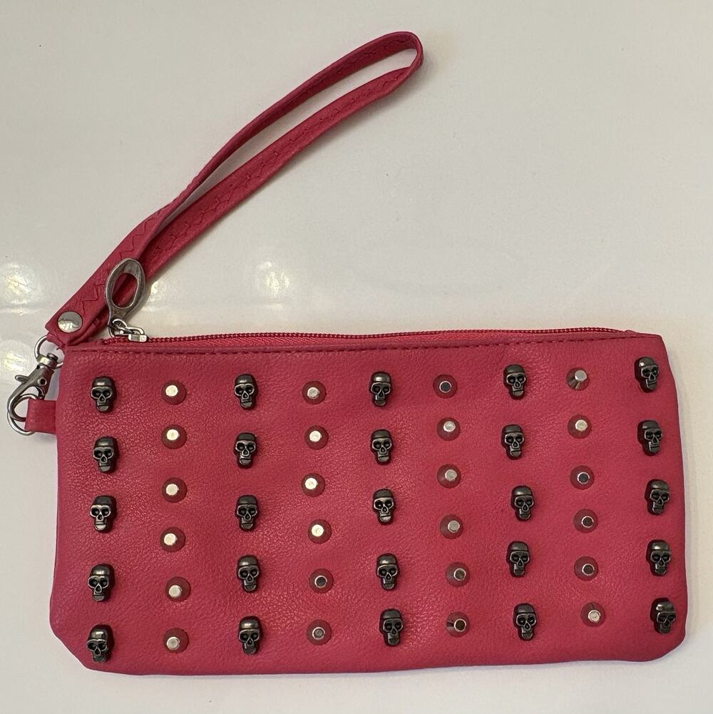 Pink Faux Leather Skull Studded Wristlet Gothic Punk